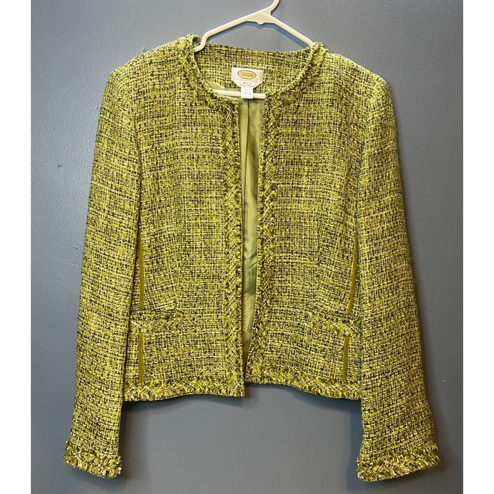Talbots Women's Green Tweed Blazer Jacket Size Petite Open Front Fringe Trim 12